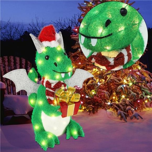Lighted Christmas Green Dinosaur, 23.5 Inch Pre-Lit 3D Tinsel Flying Dragon - Picture 4 of 6